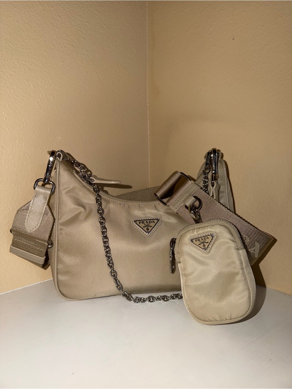 Prada Beige Nylon Shoulder Bag with Chain and Detachable Pouch